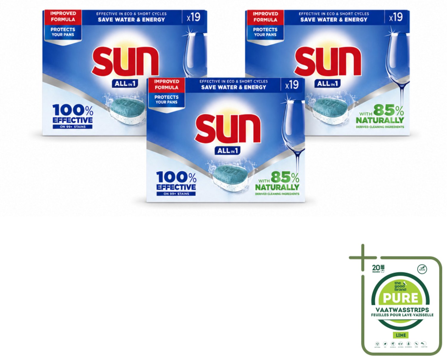 3 x Sun - Vaatwastabletten - All-in-1 Neutraal - 19 tabletten - Grootverpakking - Vaatwasstrips - Vaatwasmiddel - Vaatwastablet - Vaatwasmiddel Neutraal - Vaatwasmiddel Eco - Vaatwasmiddel Natuurlijk