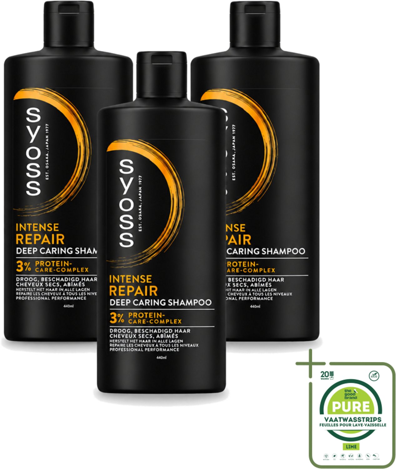 3 x SYOSS - Repair 440 ml - Shampoo - Herstellende Formule - 440ml - Grootverpakking - Vaatwasstrips - Herstel Haar - Beschadigd Haar - Droog Haar - Haarbreuk - Haarverzorging