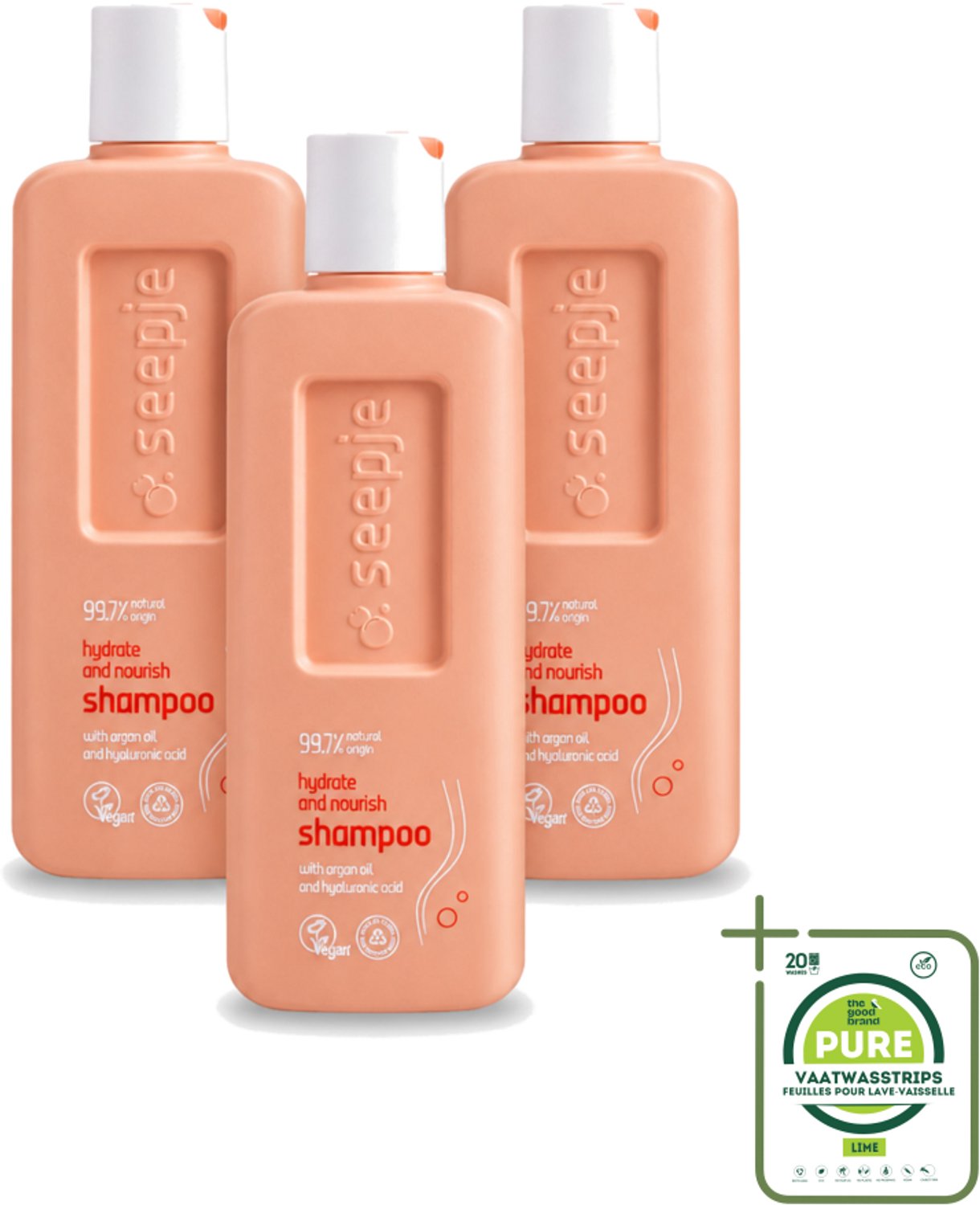 3 x Seepje - Hydrate & Nourish Shampoo - Intense Hydratatie voor Gezond Haar - 300 ml - Grootverpakking - Vaatwasstrips - Hydratatie Haar - Natuurlijke Shampoo - Voedend Haar - Droog Haar - Beschadigd Haar