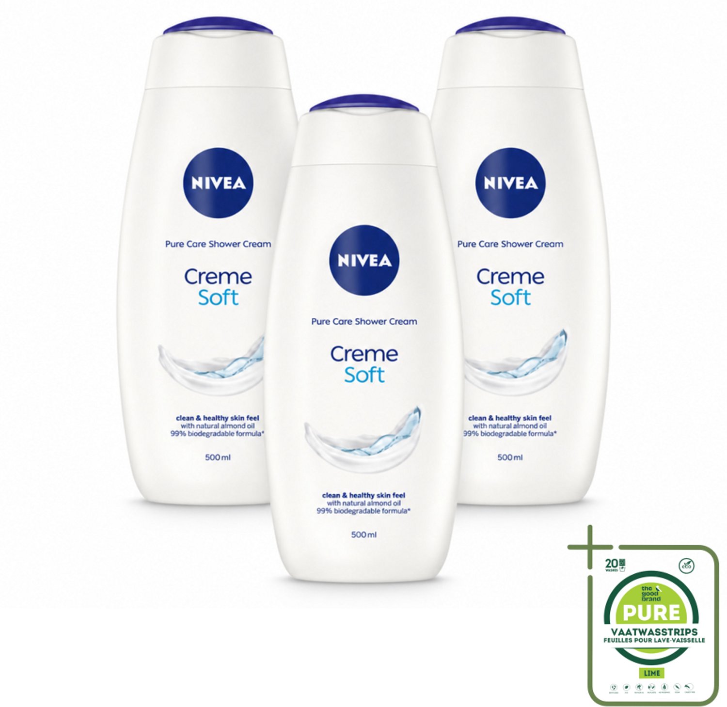 3 x NIVEA - Douchecrème - Zacht - Huidbeschermend - Amandelolie - 500 ml - Grootverpakking - Vaatwasstrips - Douchecrème - Huid Verzorgen - Amandelolie - Zijdezachte Huid - Hydratatie