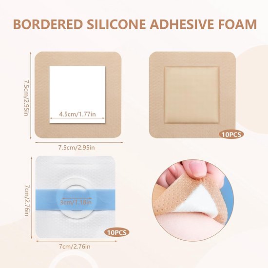 10 stuks 7,5 * 7,5 cm zelfklevende schuimpleisters voor doorligwonden, ademend, sterk klevend, ondersteunend, draagbaar, comfortabel en veilig, inclusief 10 siliconengelpleisters. — afbeelding 4