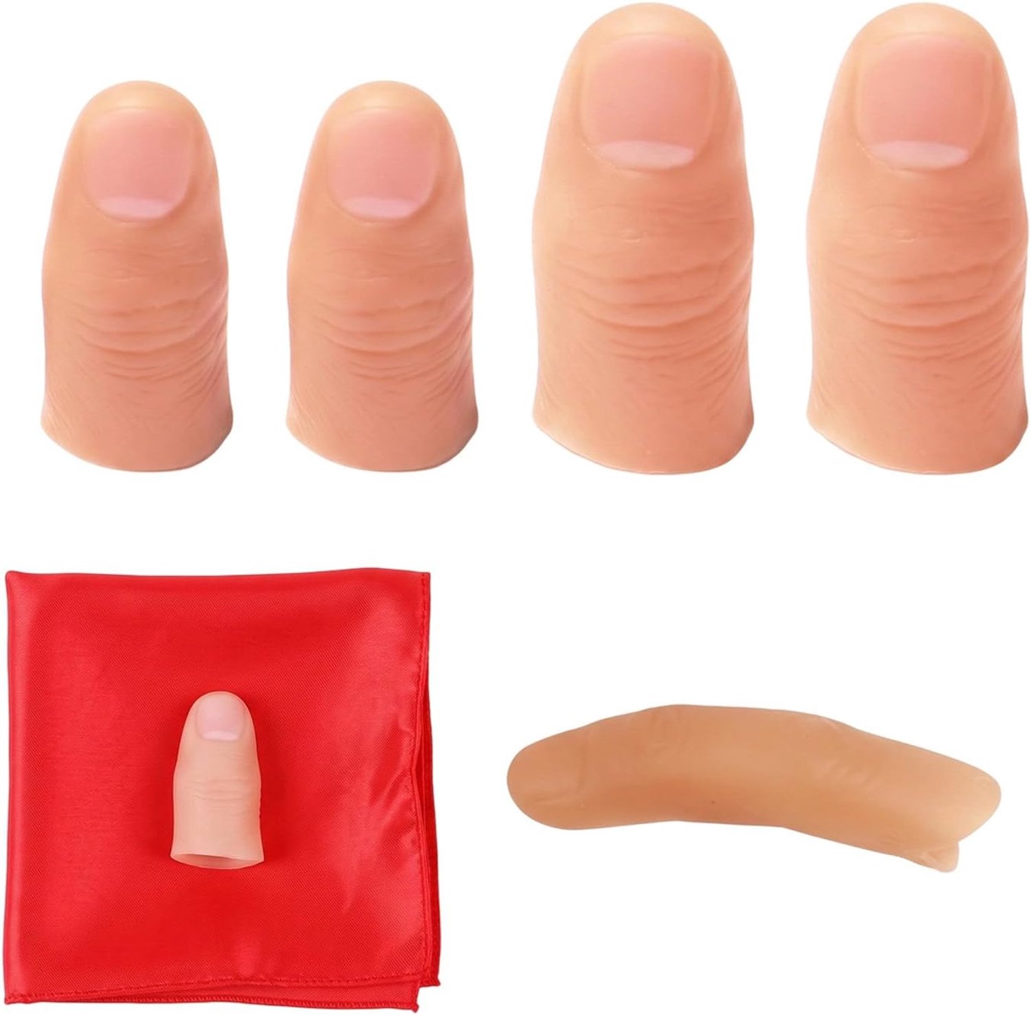 Duim accessoires, 5 stuks magische vingers voor tovertrucs, 1 rode trainingszakdoek, magische accessoires, geschikt voor iedereen, voor tovershows en feestjes
