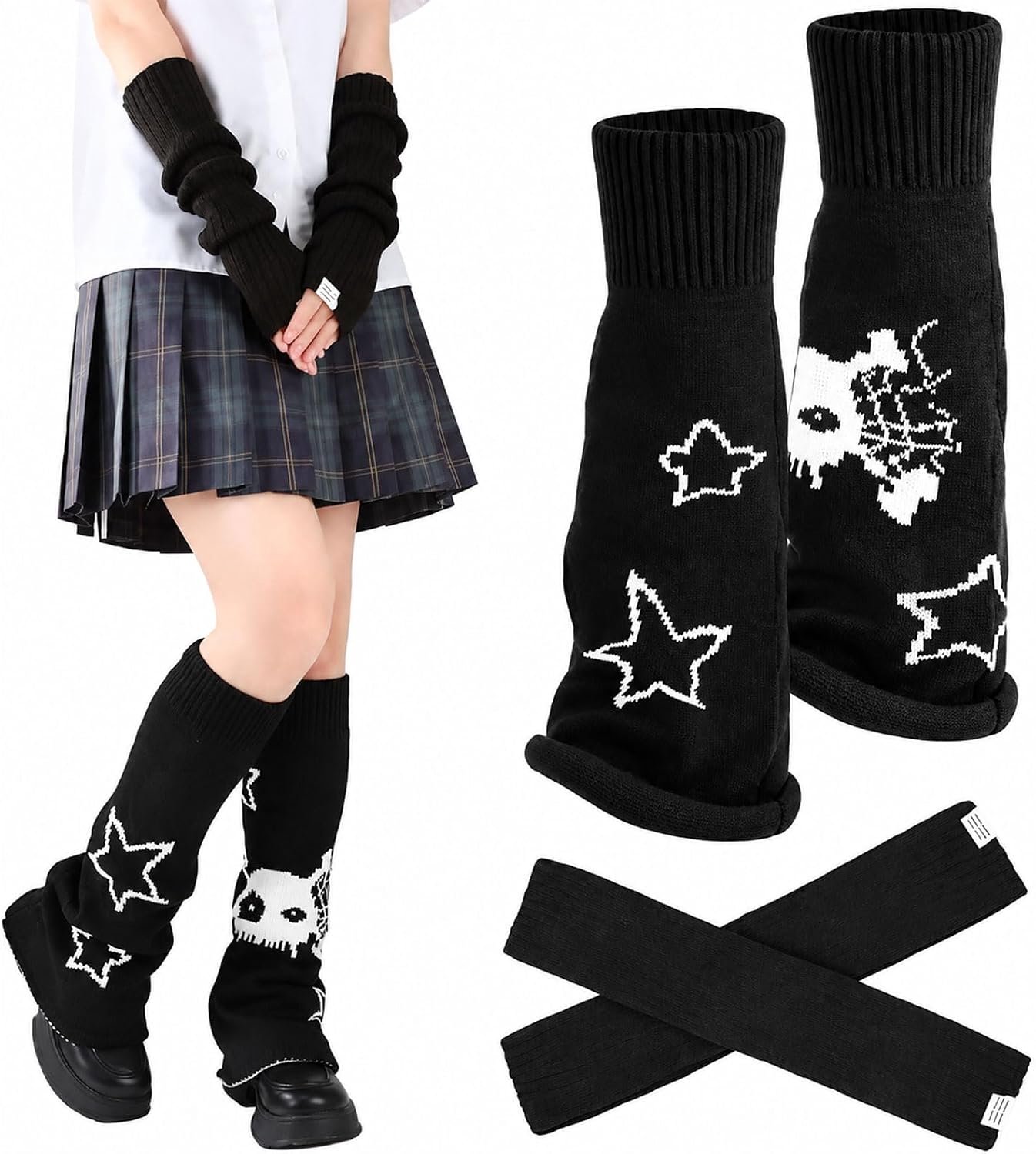 Y2K damesstulpen 2-delig set beenwarmers en armwarmers zwart gebreid met ster- en schedelpatroon