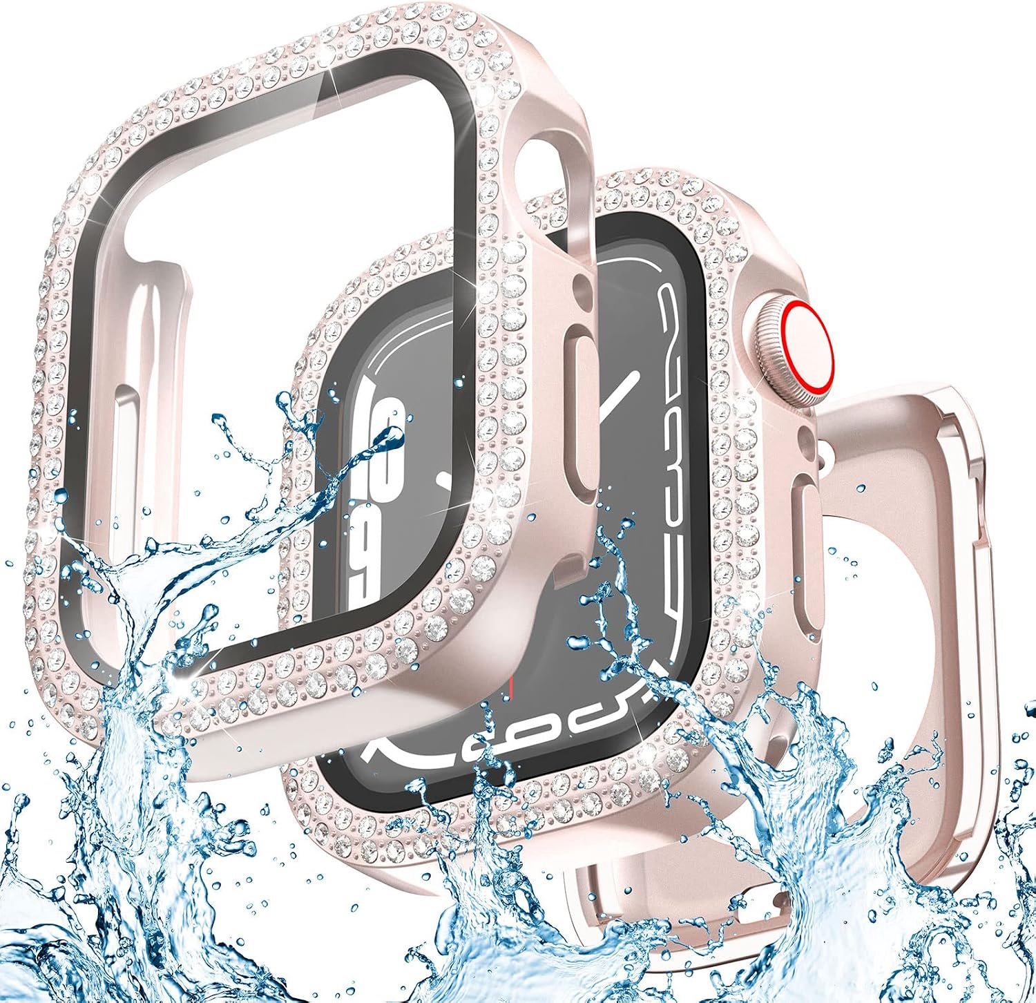 2-in-1 waterdichte bling-hoes compatibel voor Apple Watch 44 mm schermbeschermer SE Serie 6/5/4, vrouwen glitter diamant strass bumper gezicht cover voor iWatch-accessoires 44 mm roze roze
