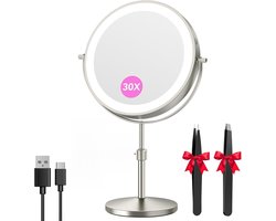 Auxmir Oplaadbare make-upspiegel met verlichting, 38-47 cm, in hoogte verstelbare make-upspiegel, 3 lichtkleuren en helderheid dimbaar, 360 graden draaibare dubbelzijdige tafelspiegel, nikkel