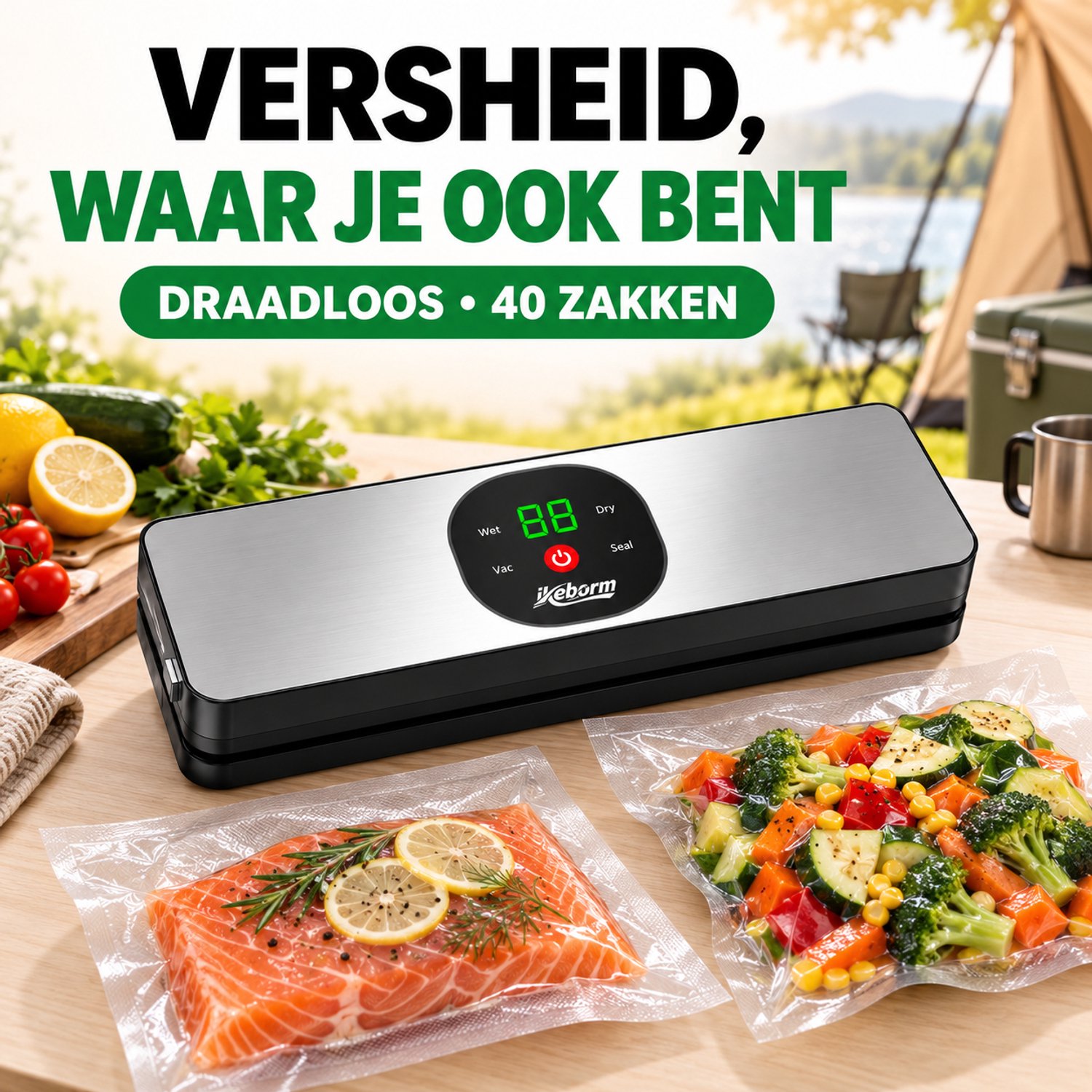 Vacumeermachine Draadloos met 40 Vacuümzakken – 75 kPa Foodsaver en Seal Apparaat – Nat- en Droogfunctie – Compact voor Keuken, Camping en Sous-Vide