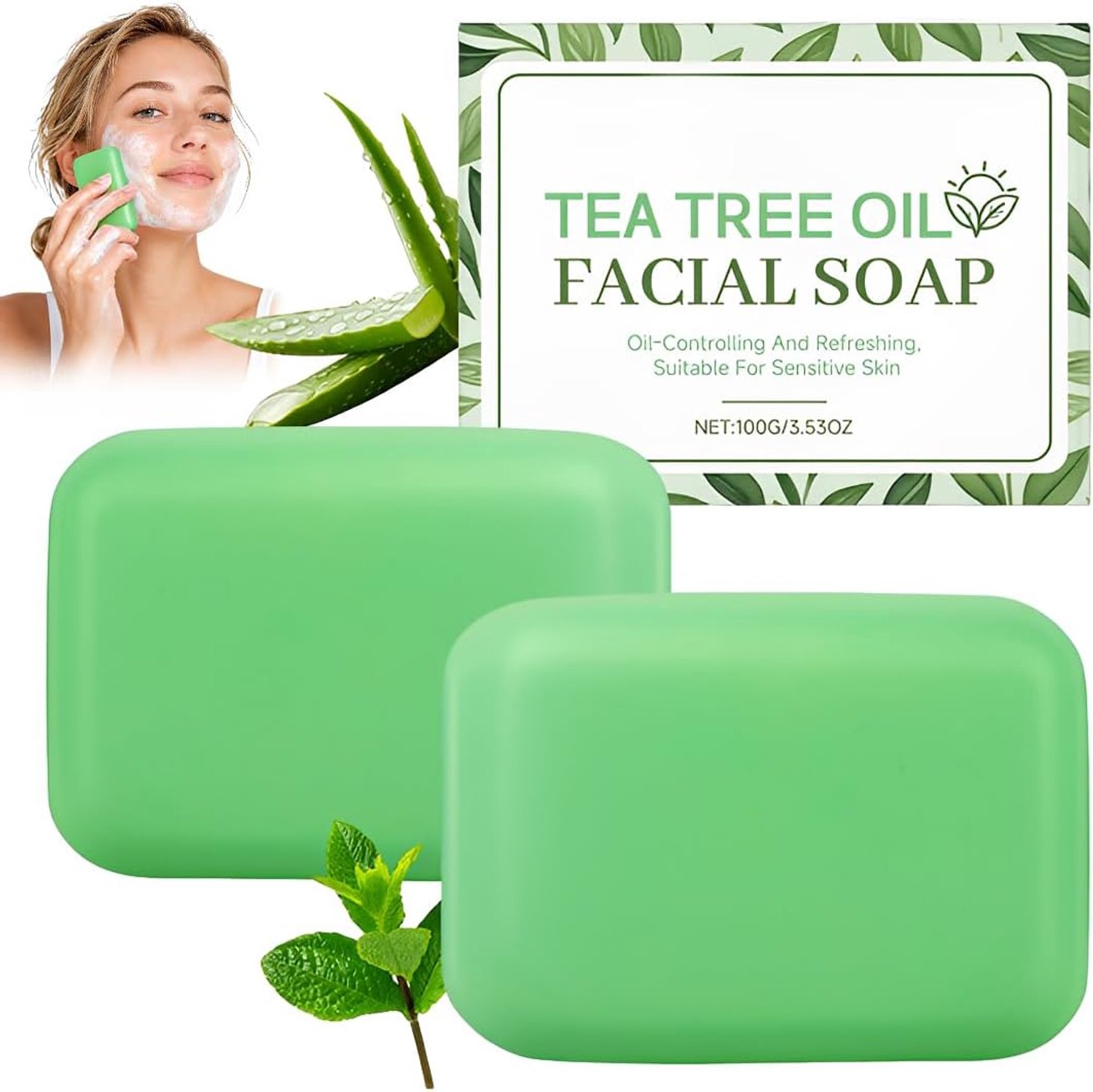 2x Tea Tree Oliezeep – Natuurlijke Badzeep – Met Pepermunt en Kokosolie – Verfrissend – 100g – Voor dagelijkse reiniging