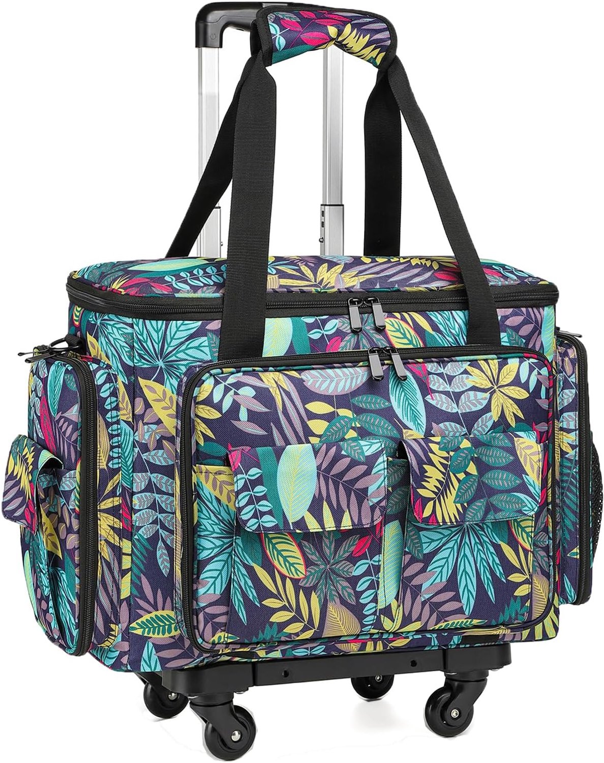 Naaimachinetas met afneembare trolley, draagtas met wieltjes, compatibel met Singer, Brother, Janome en accessoires, bladeren, Naaimachinetas met afneembare trolley