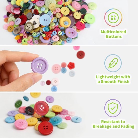 1000 stuks kleurrijke knopen om te knutselen, 530 g knopen, kunststof knutselknopen, kinderknopen, grote knopen in gemengde kleuren en maten voor knutselen, naaien, kinderknutselen, schilderen — afbeelding 3