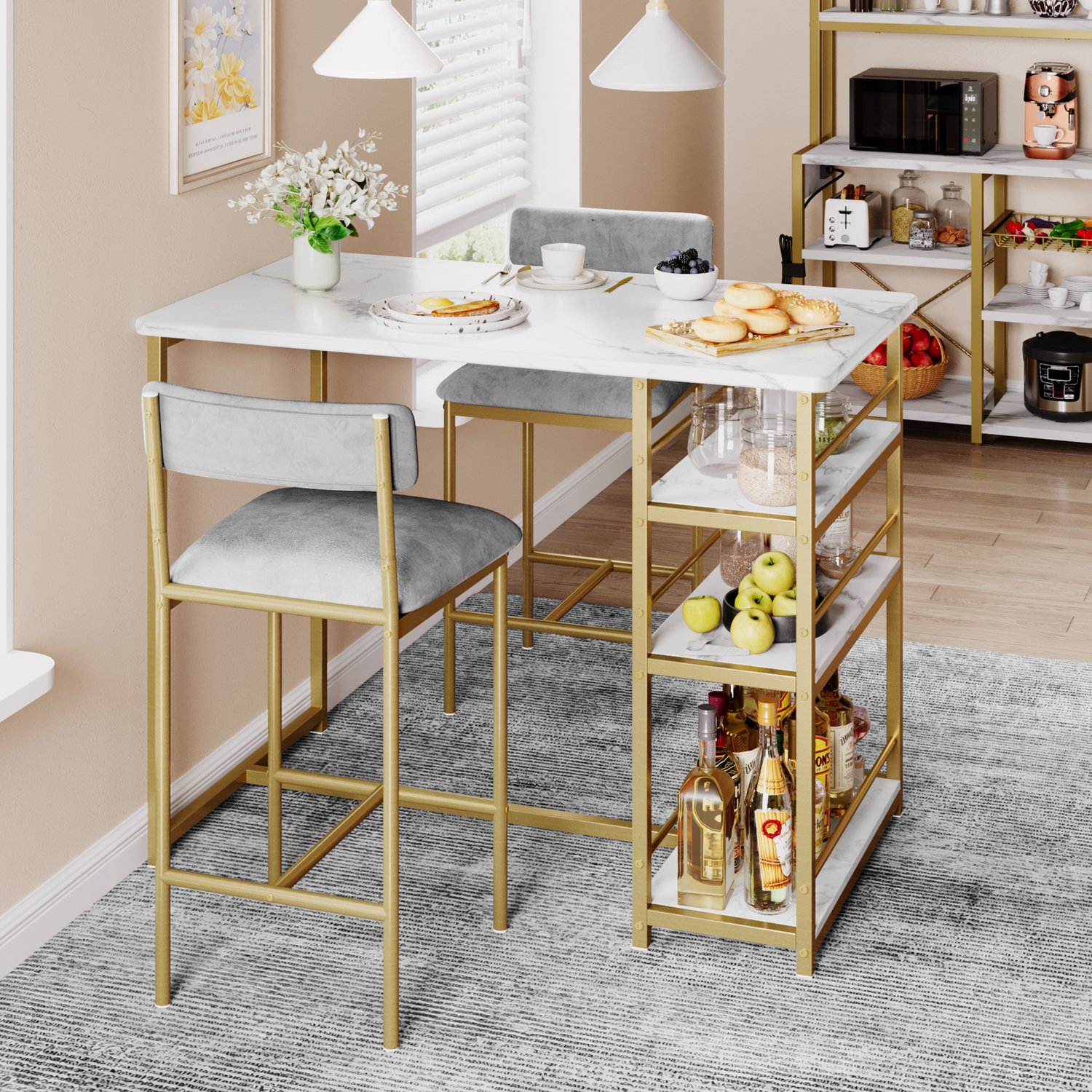 Barset 3‑delig‑Eethoek Set‑Bartafel met geïntegreerde 3 opbergplateaus‑2 fluweel barkrukken met rugleuning‑65 cm zithoogte‑Goudkleurig metaal frame‑Blad marmerlook (imitatie)‑Voor Eetkamer, Keuken, Appartement & kleine ruimtes