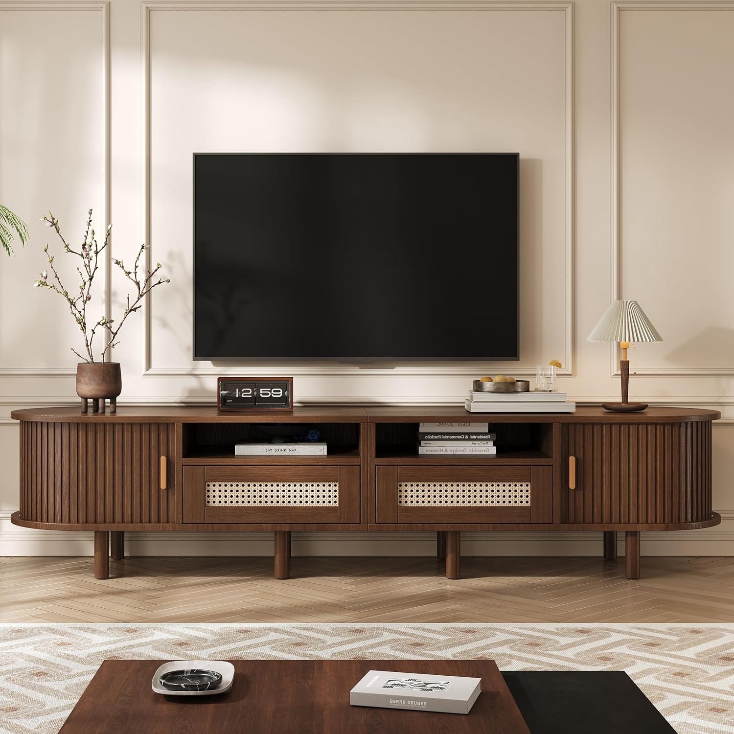 TV-kast, Notenhout met Rattan Design, TV-kommode met 2 laden en 2 schuifdeuren, Lowboard voor de woonkamer, 170x40x40cm, Notenhout