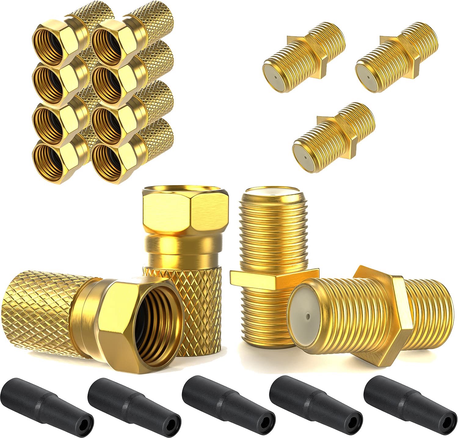 F-stekker 7 mm 10 x + F-stekker 5 x verguld, 5 x rubberen afdichting, grote moer schroefbaar, verlenging voor coax antennekabel, SAT-kabel, BK systemen, Sat LNB montageset