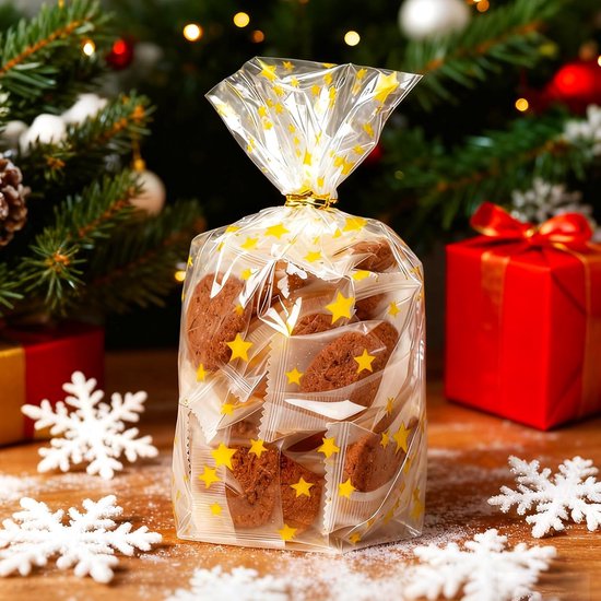 100 stuks cellofaanzakjes voor Kerstmis, 15 x 23,5 cm, bodemzakjes, gouden sterren, koekjeszakjes, koekjeszakjes, gebakzakjes, Kerstmis, transparant, cellofaanzakjes met bodem, voor snoep, cadeau — afbeelding 4