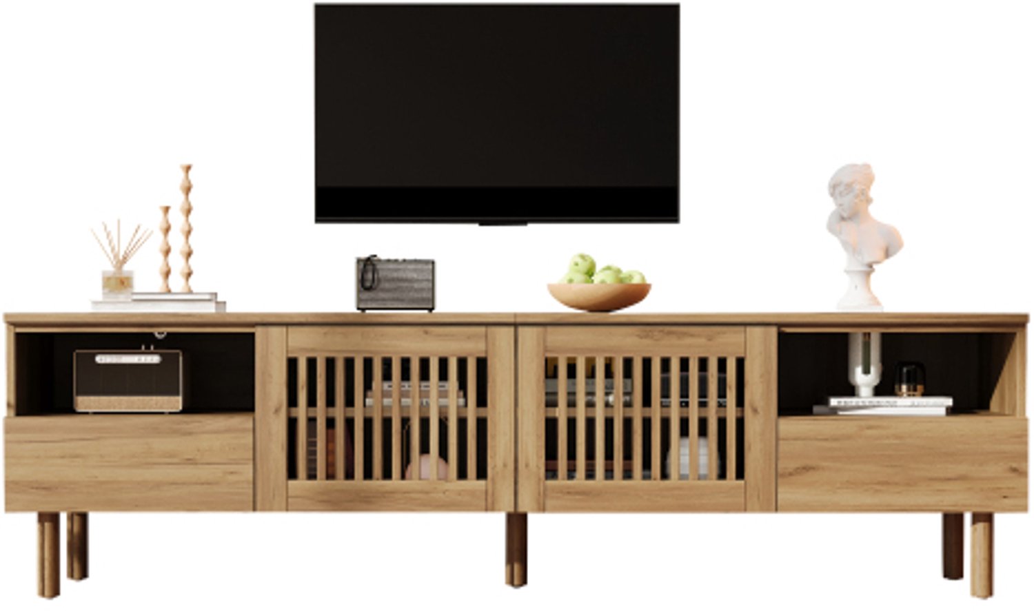 Welltin TV-meubel 180 cm - MDF TV-kast met 2 rasterdeuren - 2 laden en open vakken - kabeldoorvoer - woonkamerkast in houtkleur
