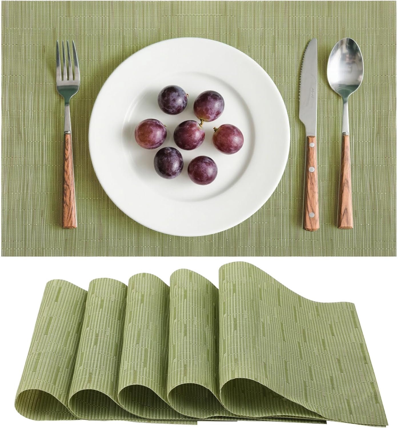 Een set van 6 wasbare vinyl placemats, geweven, wasbaar, antislip, hittebestendig, keuken, eettafel, hotel, placemat, 30 x 45 cm (groen)