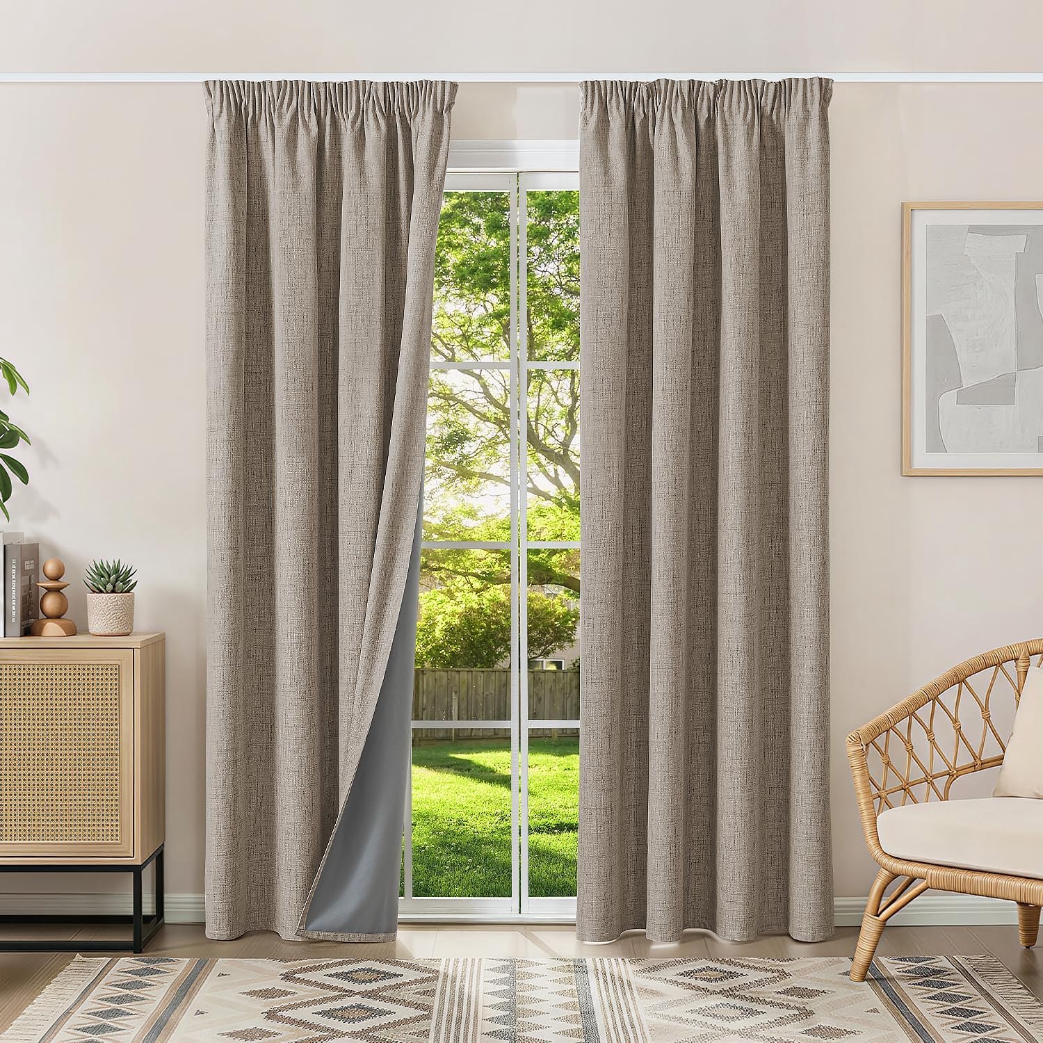 100% verduisteringsgordijnen, thermische gordijnen, koudebescherming, gordijnen met plooiband, 220 x 140 cm (h x b), set van 2, linnenlook, gordijnen, ondoorzichtig, linnen, schuifgordijnen