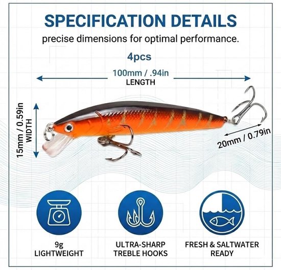 Set van 4 Realistische Spinners en Swimbaits voor Snoek, Baars en Zeevissen - Perfecte Visserscadeau voor Enthousiastelingen — afbeelding 5