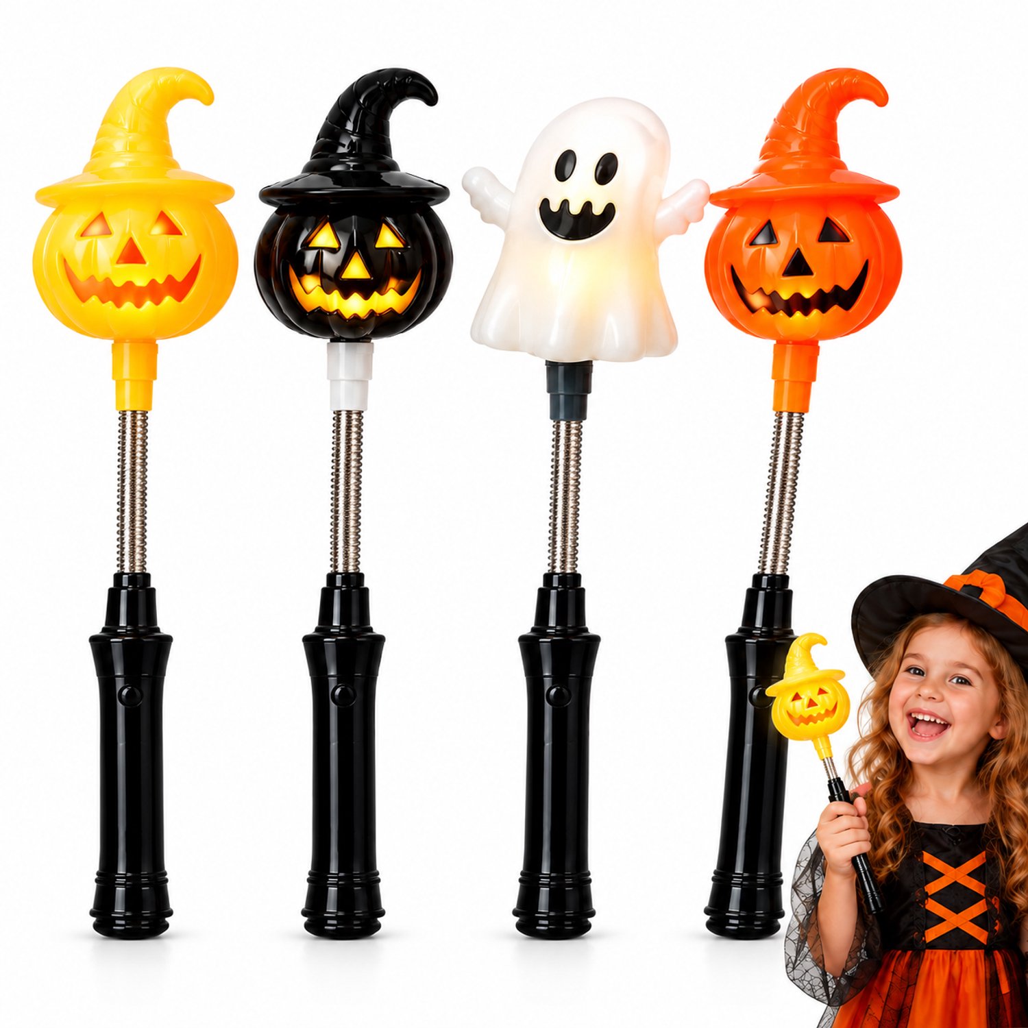 VHV - Halloween Lichtgevende Toverstaf 4 Stuks - LED Pompoen en Spook Speelgoed - Veilige Trick or Treat Verlichting voor Kinderen - Griezelige Uitdeelcadeautjes