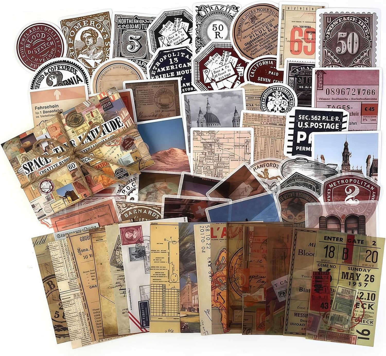 Vintage Scrapbook Zubehör Set met 60 Stukken, Retro Papier en Stickers voor DIY Reizen, Creatieve Journaling en Planner Projecten