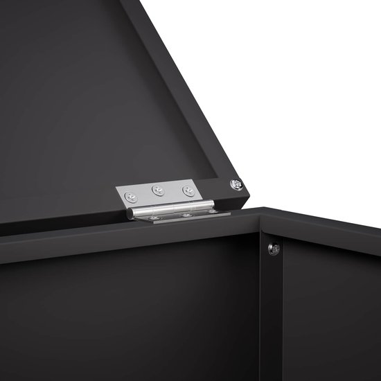 Detailopname van de zilverkleurige metalen scharnieren op de zwarte stalen gasflesombouw.