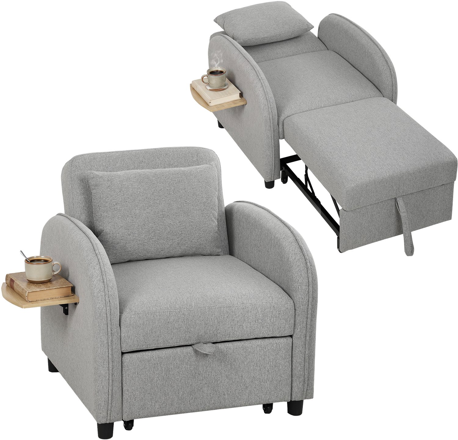 TEKROA® Uitklapbare fauteuil - 3-in-1 uitklapbare slaapfauteuil -verstelbare rugleuning - neerklapbaar zijtafeltje - grijs