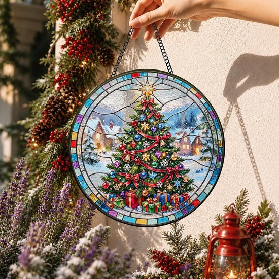 Bimkole Kerstboom Gekleurd Glas, Raamhanger Zonnevanger 20x20 cm A9 — afbeelding 4