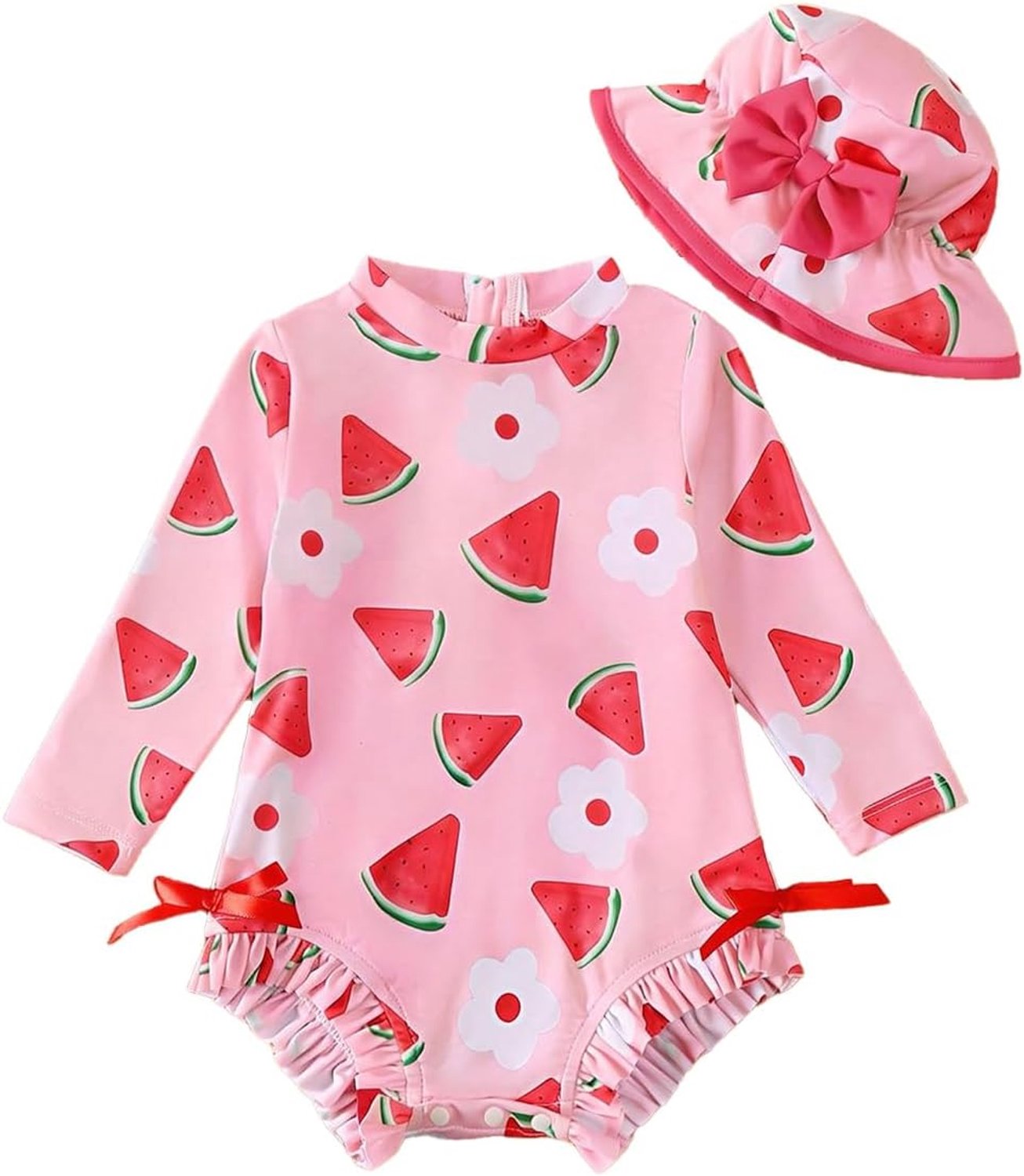 Badpak voor babymeisjes, lange mouwen, eendelig met hoed, uv-bescherming, ruches, bloemenpatroon, ritssluiting, strandmode voor peuters
