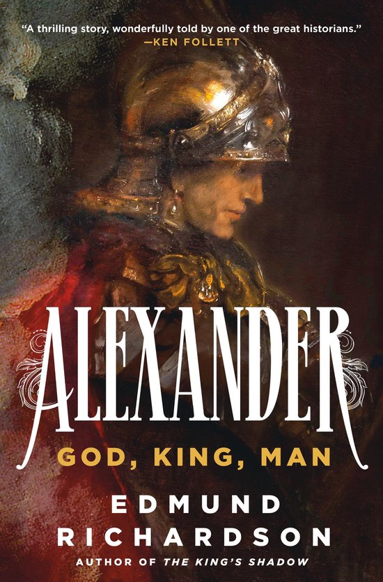 Boekomslag met de titel Alexander: God, Koning, Mens. Een portret van een Romeinse soldaat in harnas.