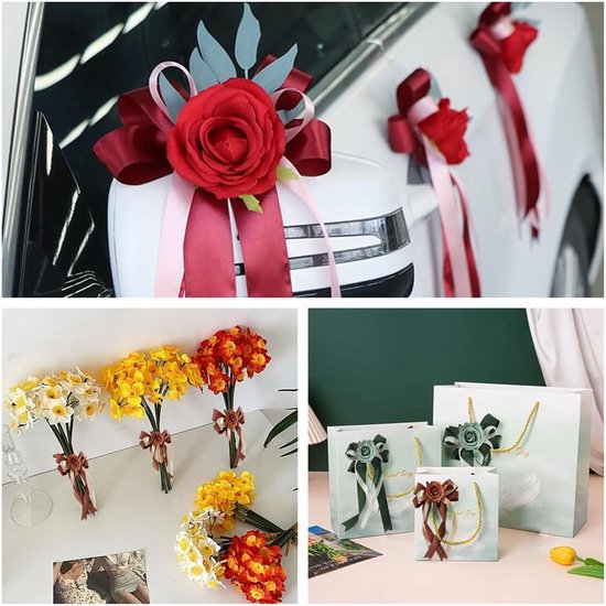 2 stuks autostrikken met zijden bloemen, bruiloftsstrikken, satijnen lint, bruiloft, autoversiering, bruiloftsauto, strik, bruiloftsdecoratie voor bruidsauto, bruiloftsfeest, paars zwart — afbeelding 5