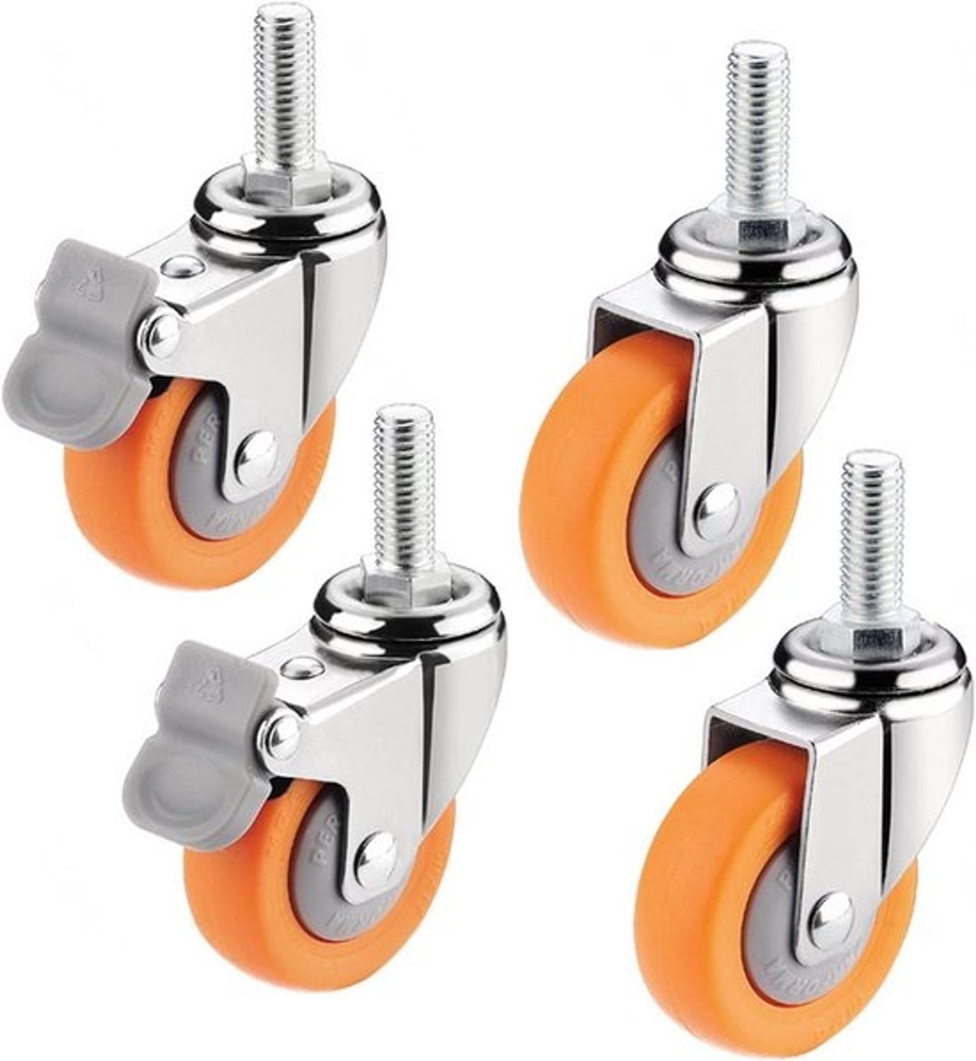 Set van 4 zwenkwielen - Met schroefdraad en rem - Rubber - Max. 150 kg