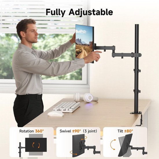 Verstelbare Monitorarm voor Computer met Hoogte van 800mm - Geschikt voor 13 tot 32 inch Schermen, VESA 75/100 Compatibel, Ideaal voor Thuiswerk en Kantoorgebruik — afbeelding 5