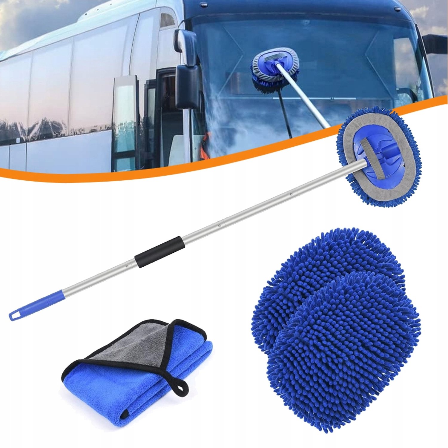 Telescopische Autowasborstel met Verstelbare Steel & Microfiber Mop