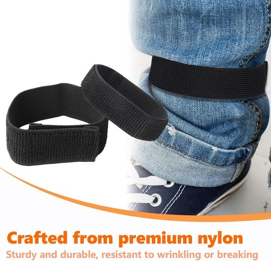 4 stuks elastische broekklemmen met klittenbandsluiting voor fietsen, wandelen, vissen, jagen, tuinieren en militaire uniformen (zwart) — afbeelding 4