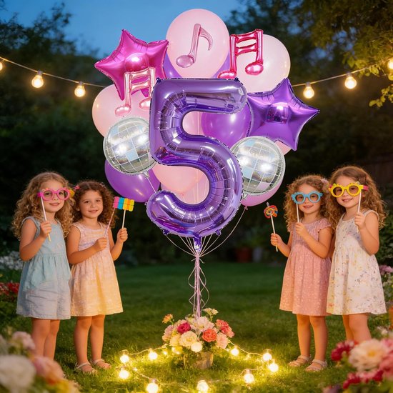 10 stuks Kpop verjaardagsdecoratie, notenbalken-ballonnen, lila, 101,6 cm, cijferfolieballon, discobal ballonnen voor Kpop zangers, magische muziek motto party benodigdheden (nummer 6) — afbeelding 3