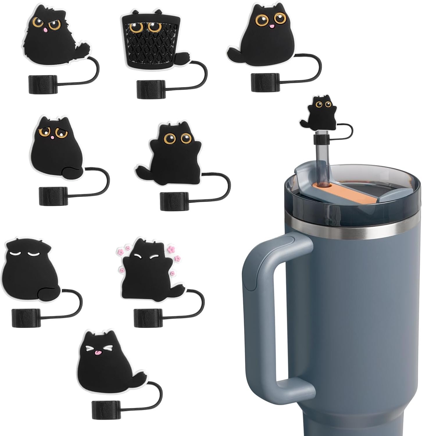 Stanley rietdoppen, 10 mm, rietjesbescherming, compatibel met 9-10 mm, Stanley Cup-accessoires, stofdicht, kattenmotief, herbruikbaar, voor drinkfles en buitengebruik, 8 stuks