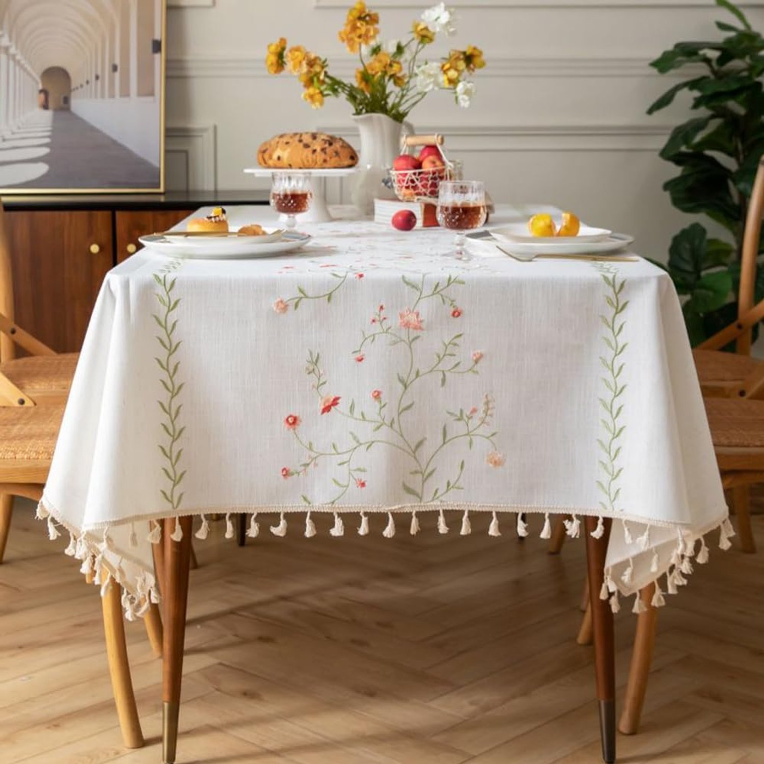 Pahajim Tafelkleden, rechthoekig, katoen, linnen, stofdicht, waterdicht tafelkleed met kwastjes, voor keuken, buiten eettafel, 140 x 180 cm