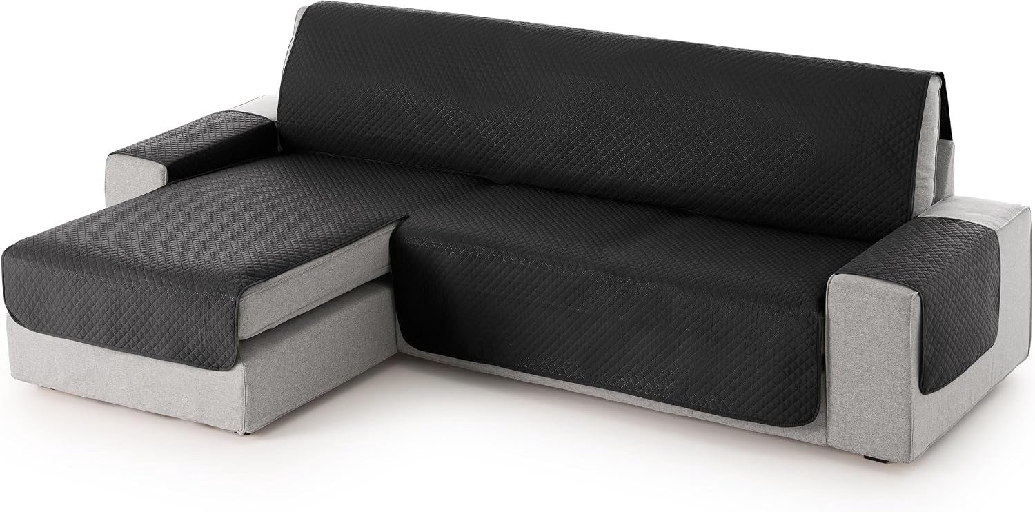 Textilhome ADELE Chaise Longue Bankhoes Links 240 Universeel Zwart | Omkeerbare gewatteerde bankbeschermer met universele pasvorm, eenvoudig te plaatsen, machinewasbaar en duurzaam.