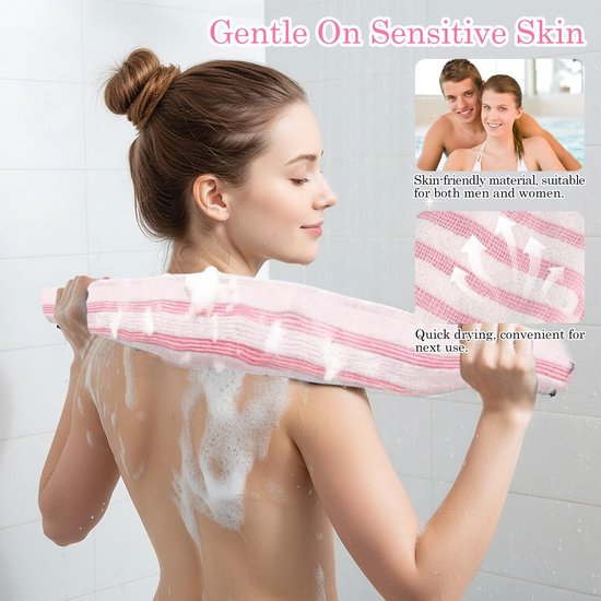 REEKNOKOL Exfoliërende Handdoek, Extra Lange Douchedoek voor Rugreiniging, Lichaamsreiniging voor Mannen en Vrouwen, Dieptereiniging (Roze) — afbeelding 4