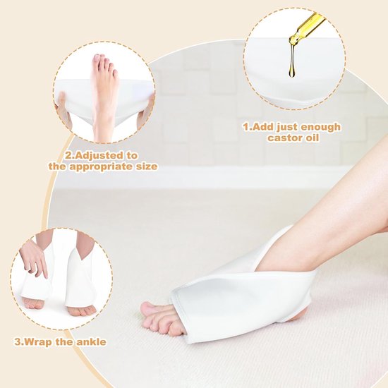 2 stuks ricinusolie pack enkelwikkel wit, herbruikbare biologische flanellen voetwrap voor enkelondersteuning, verstelbare ricinusoliën comprimeren voor plantaire fasciitis pijnverlichting (olie niet — afbeelding 5