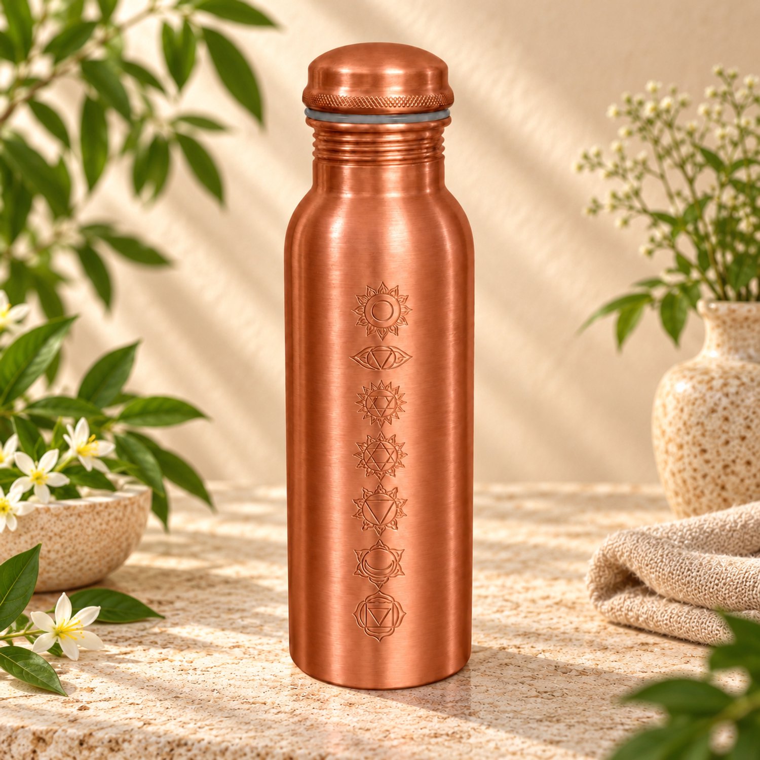 Puur koperen waterfles 7 Chakra's mat geborsteld – 750 ml/300 g (zware uitvoering, in luxe geschenkverpakking)