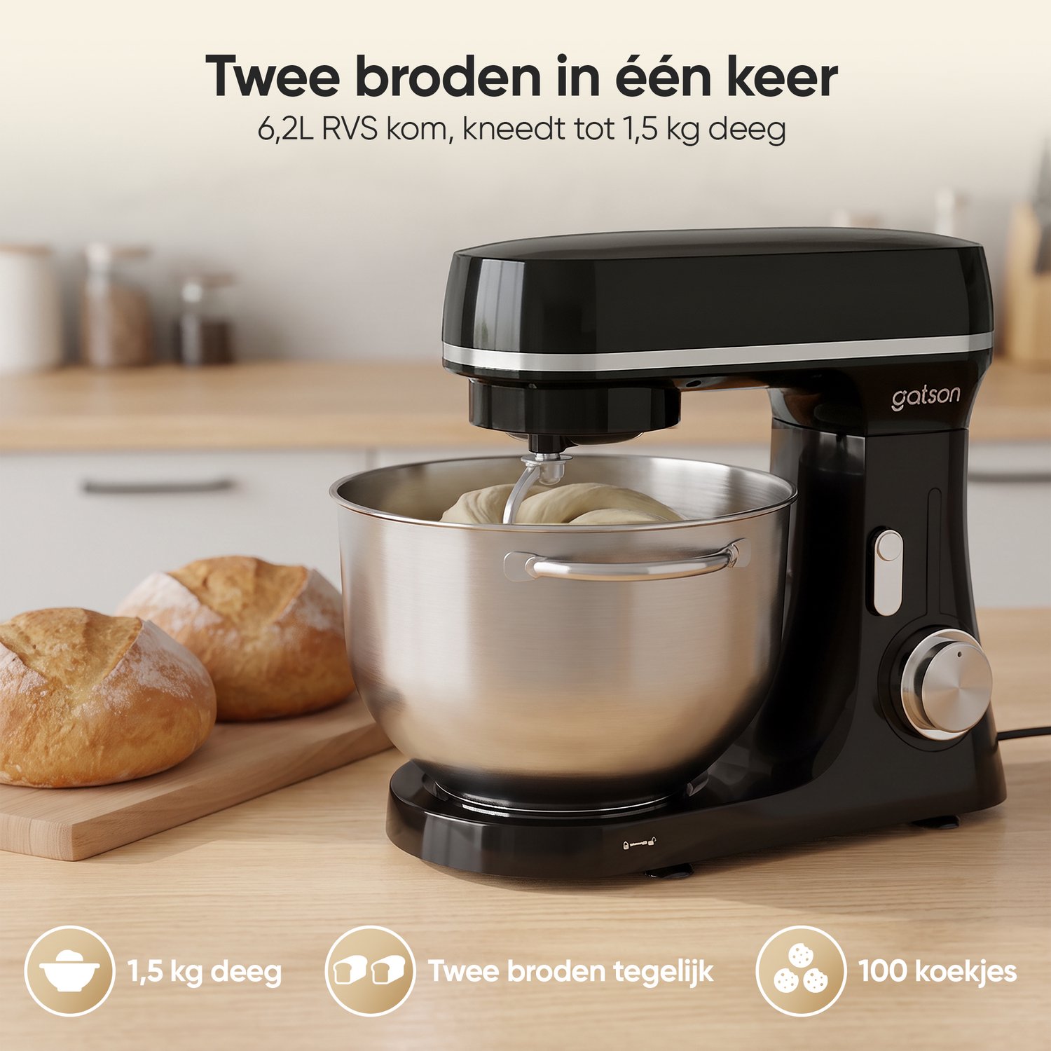 Gatson 2000W Keukenmachine - 6,2L Mengkom - Dubbele Handvatten - Keukenrobot - Keukenmixer - Foodprocessor - Mixer Met Mengkom thumbnail 5