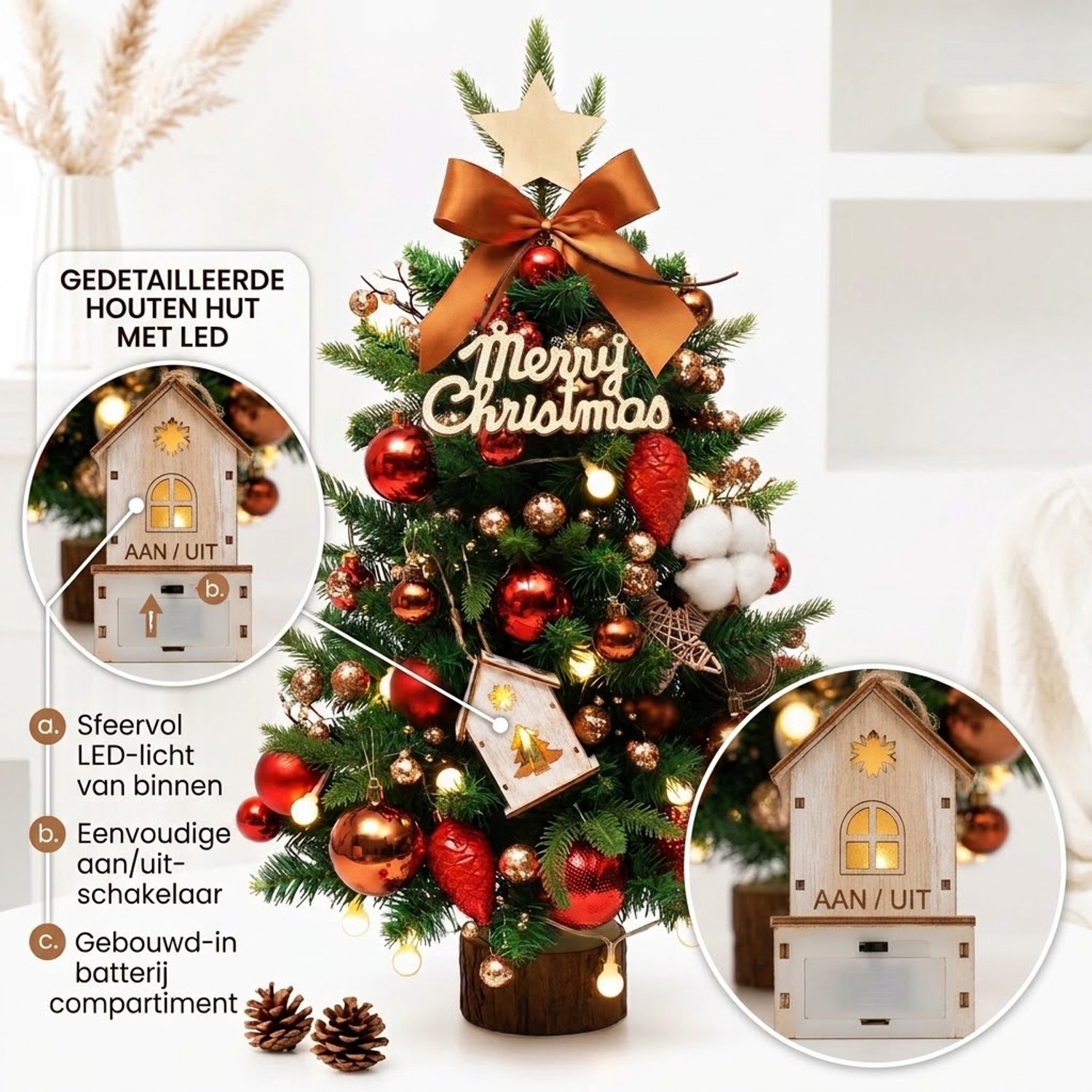 Mini Kunstkerstboom 60 cm- Tafelkerstboom 60 cm met LED, Kerstdecoratie, PVC+PE & Houten Voet – Sfeervolle Tafelkerstboom – Tafel Decoratie – Kerst Versiering voor Thuis & Kantoor – foto 7