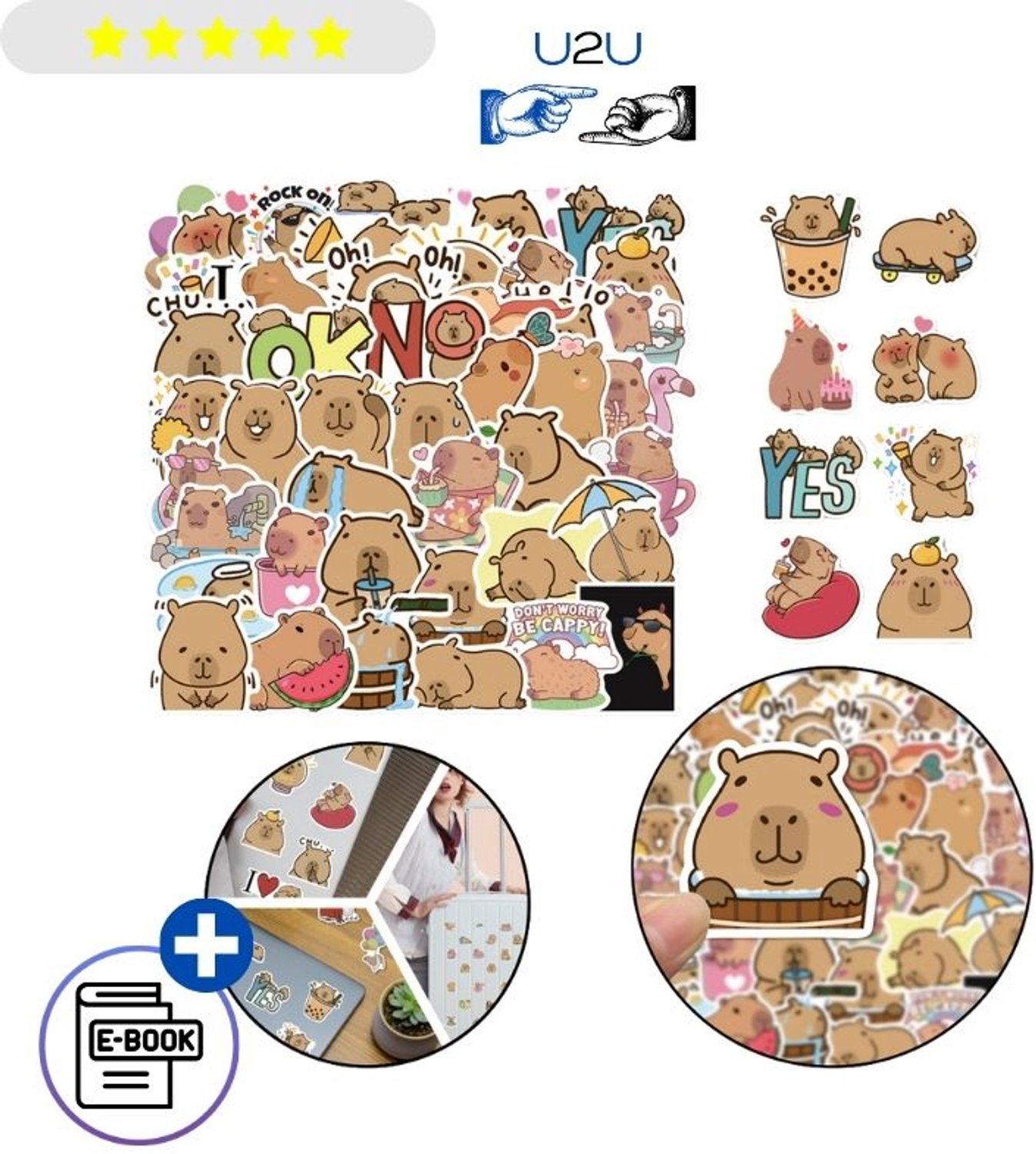 Capybara Stickers 100 Stuks – Kawaii Stickers met Capibara en Dolfijn, Zelfklevende Papieren Stickers met Matte Afwerking, Pastel Stickers voor Bullet Journal, Notitieboek, Laptop, Telefoonhoesje, Scrapbooking, DIY en School, Cadeau Met Ebook