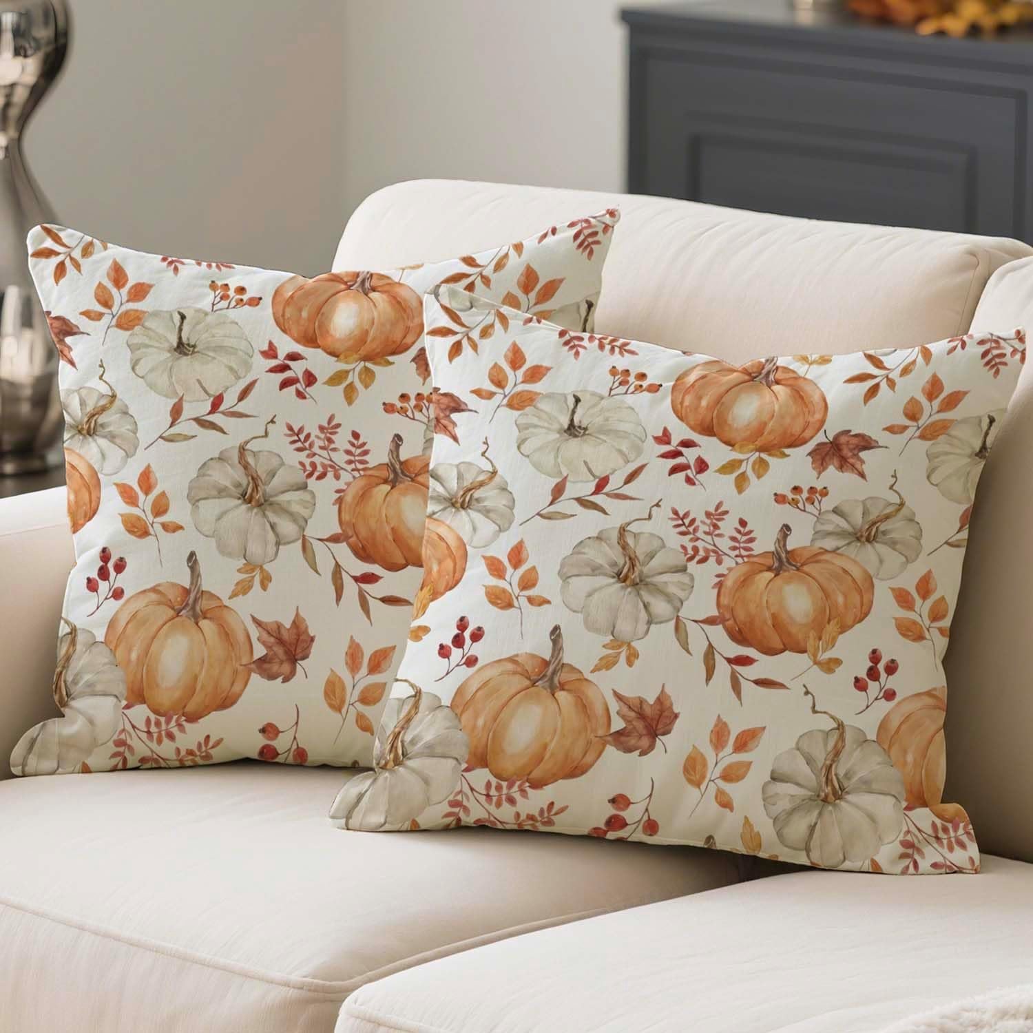 Kussenslopen voor bank, 40 x 40 cm, herfstdecoratie, pompoen en esdoornbladeren, oranje en beige, herfstdecoratie, set - ShopVlot