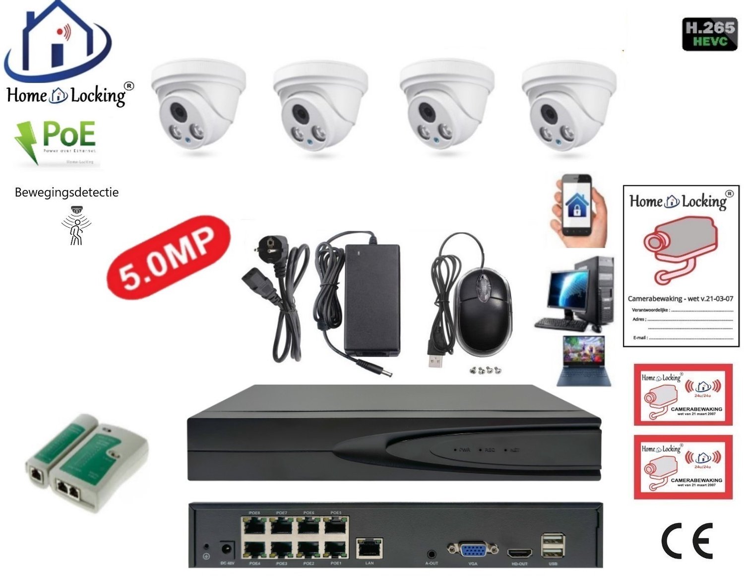 Home-Locking camerasysteem met NVR 5.0MP H265 POE met 4 dome camera's 1944P 5.0MP. CS-4-1443 (dome camera IP65)