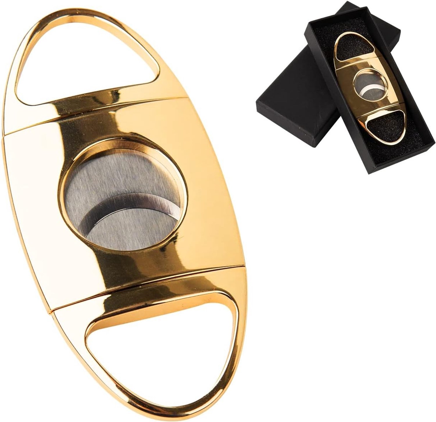 Dubbele Blad Sigaren Cutter van RVS, Sigaren Schaar met Luxe Tas, Perfect voor Sigarenliefhebbers, Goudkleurig