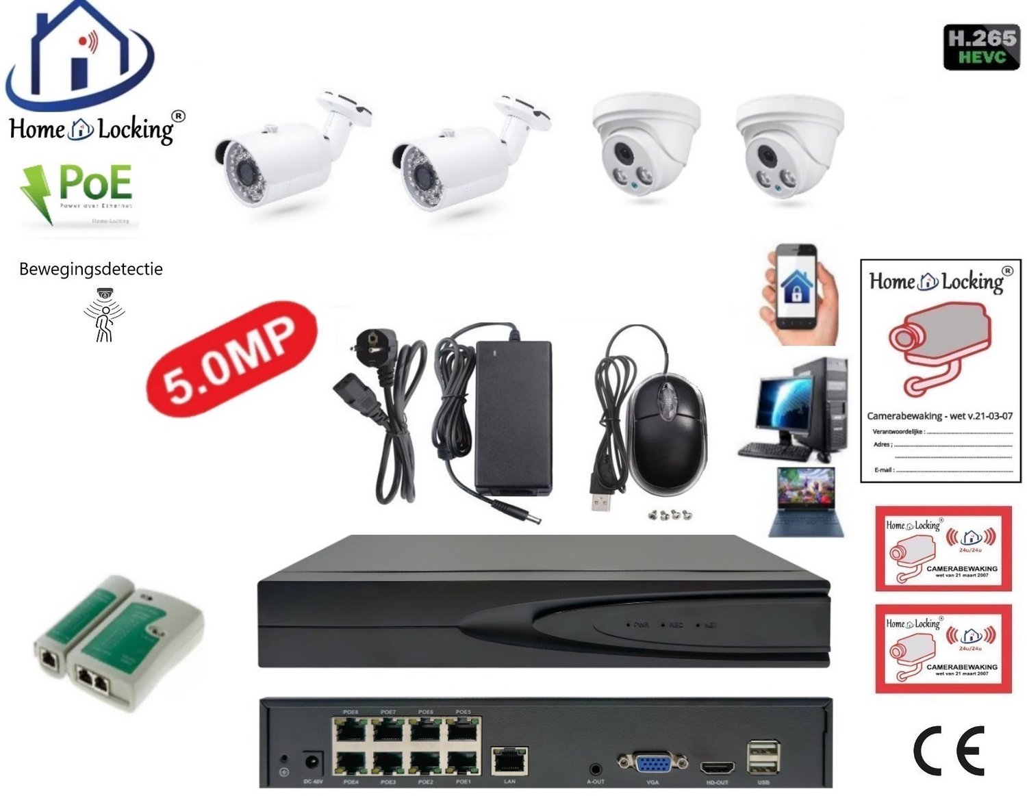 Home-Locking camerasysteem met bewegingsdetectie en NVR 8ch 8.0MP H265 POE met 2 bullet en 2 dome pvc camera's 5.0MP CS-4-1501
