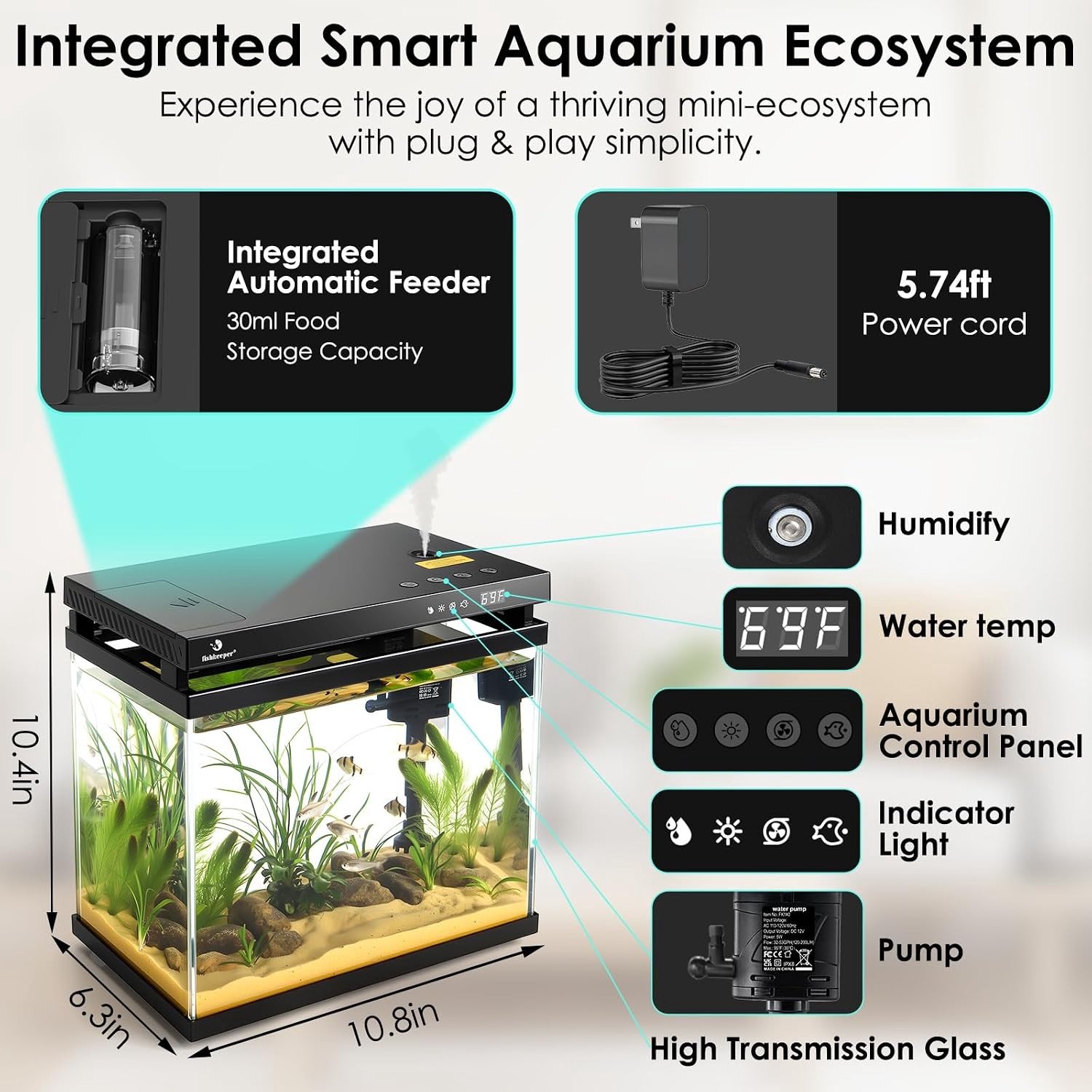 Complete 5-in-1 Mini Aquarium Starter Set met LED Verlichting, Automatische Voeding en Zelfreinigende Pomp, 8.6L Nano Aquarium voor Beginners met Aromatherapie en Onderhoudsgemak thumbnail 4
