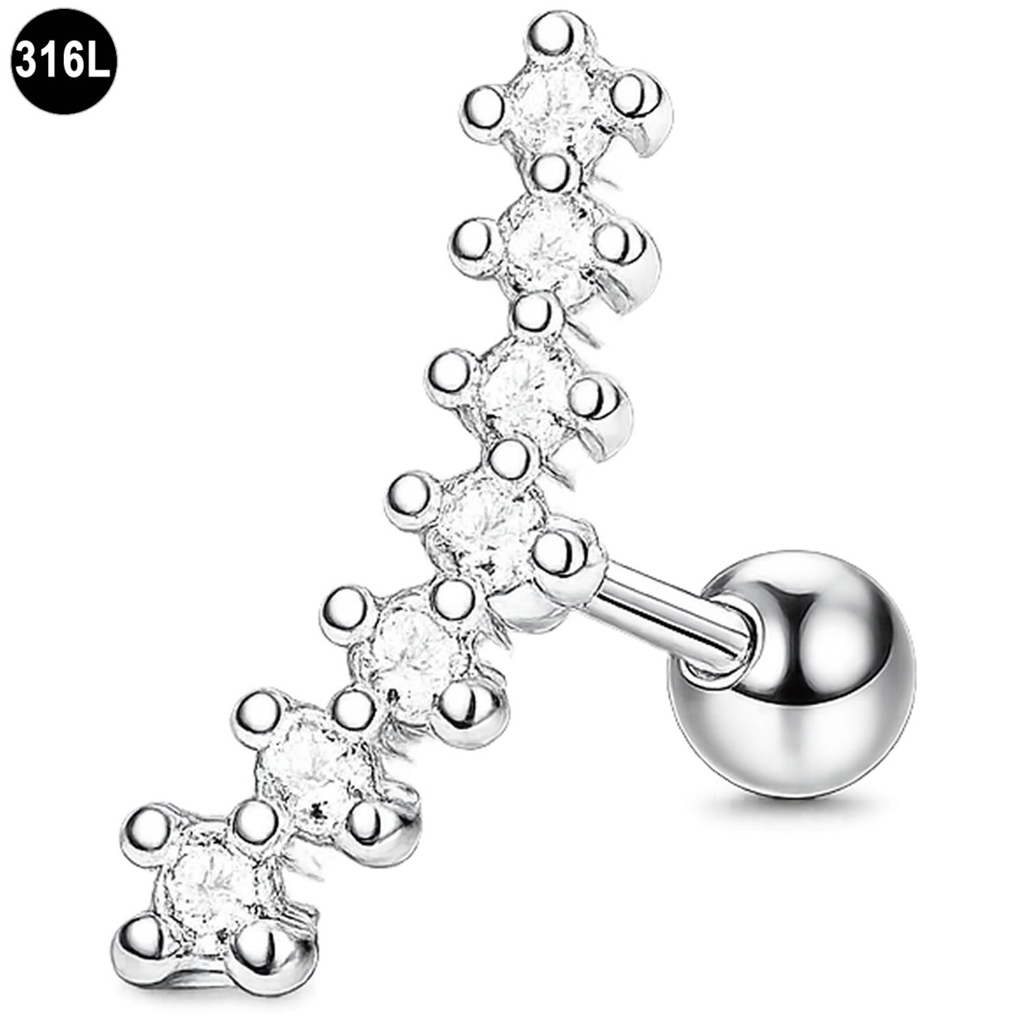Helix Piercing - Oorpiercing - 316L Chirurgisch Staal – 7 Kristallen – 1.2 x 6 mm – Zilverkleurig 13.5mm