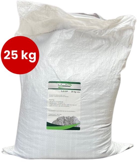 Grote witte zak met 25 kg lava meel van BioSolutions. De zak heeft een label met productinformatie en een afbeelding van het product.